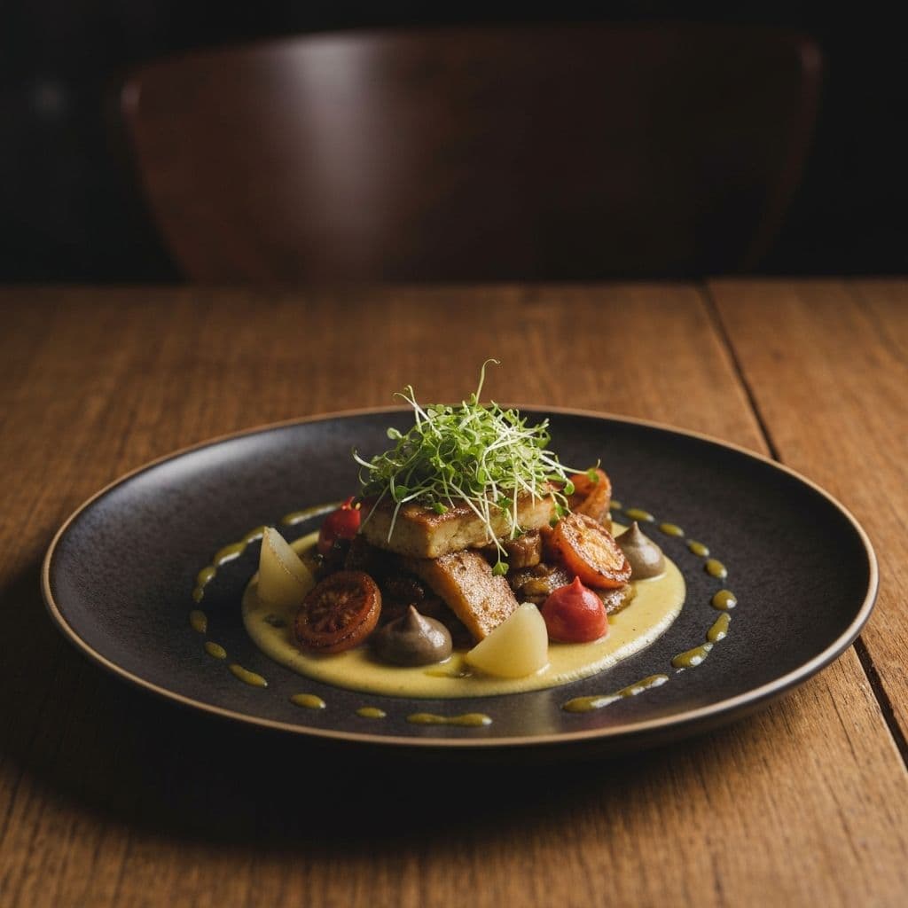 Prato gourmet sofisticado com apresentacao artistica